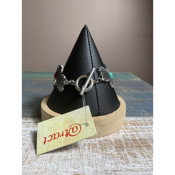 Butterfly Design Silver Bracelet With Turquoise & Red Accents - Picture 4 of 4